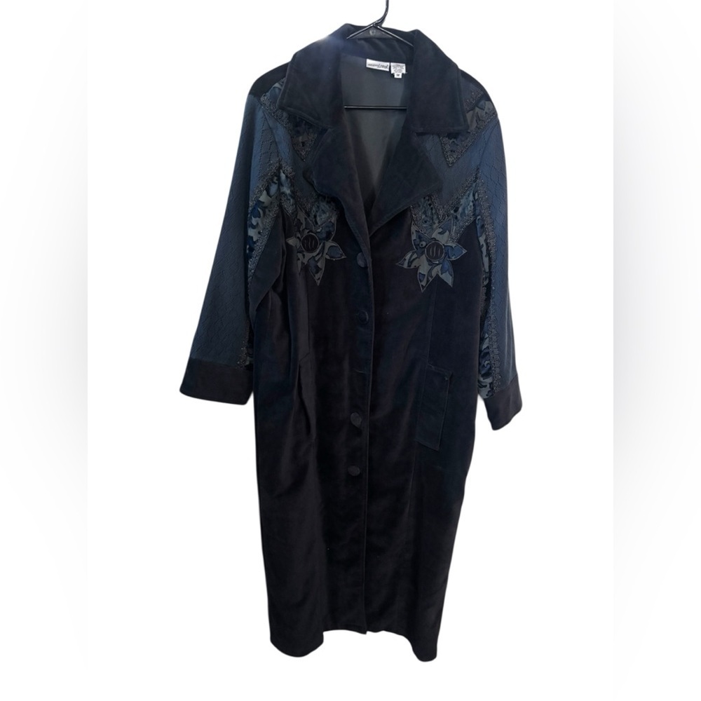 Vintage Gothic Newport News Embroidered Black & Deep Blue Velvet Coat | Size M